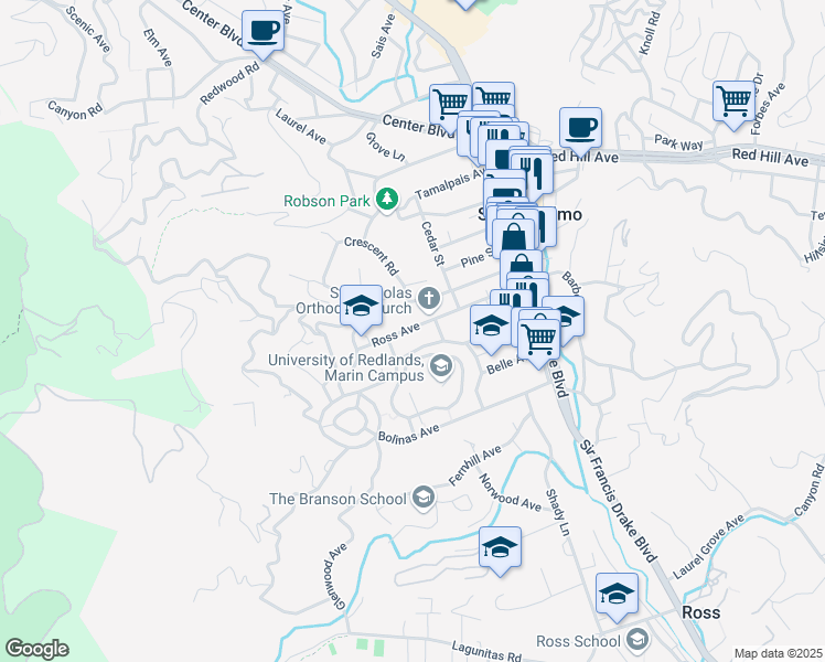 map of restaurants, bars, coffee shops, grocery stores, and more near 121 Ross Avenue in San Anselmo