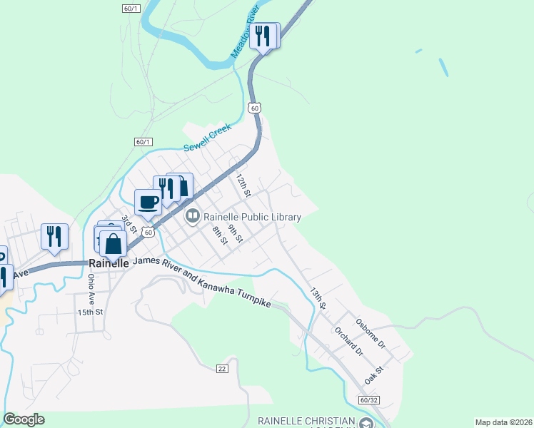 map of restaurants, bars, coffee shops, grocery stores, and more near 421-499 13th St in Rainelle