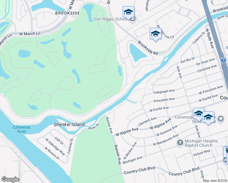 map of restaurants, bars, coffee shops, grocery stores, and more near 4595 Pine Valley Circle in Stockton