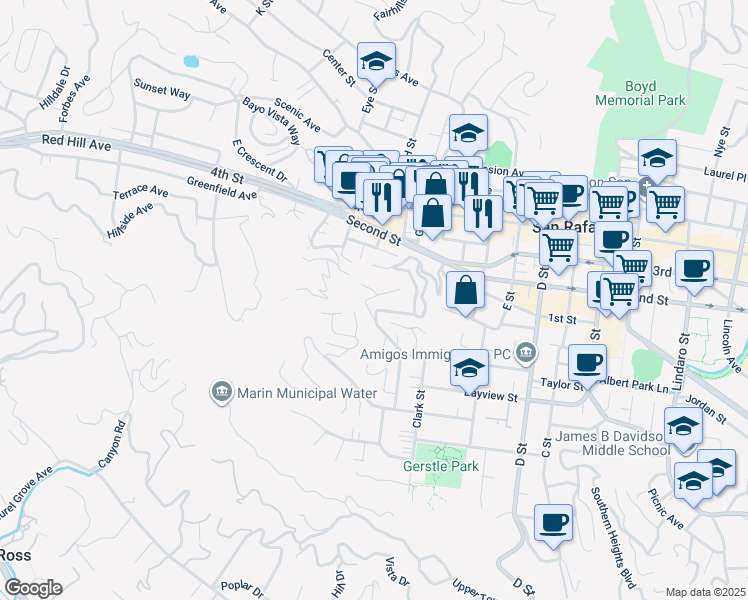 map of restaurants, bars, coffee shops, grocery stores, and more near 170 Reservoir Road in San Rafael