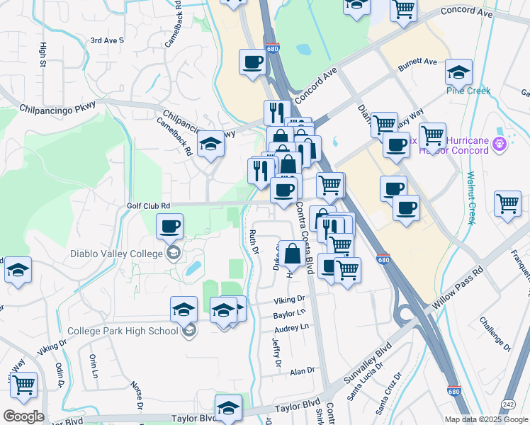 map of restaurants, bars, coffee shops, grocery stores, and more near 141 Golf Club Road in Pleasant Hill