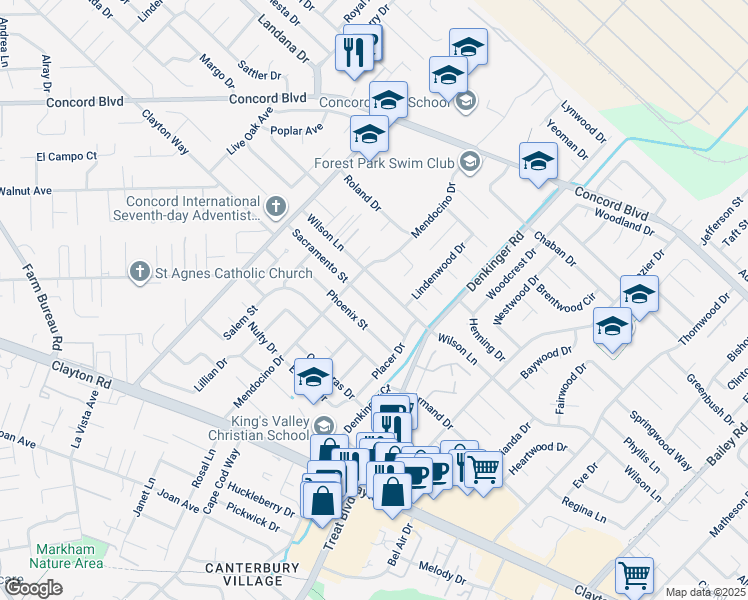 map of restaurants, bars, coffee shops, grocery stores, and more near 4125 Sacramento Street in Concord