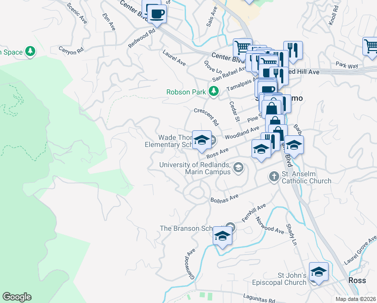 map of restaurants, bars, coffee shops, grocery stores, and more near 27 Foss Avenue in San Anselmo