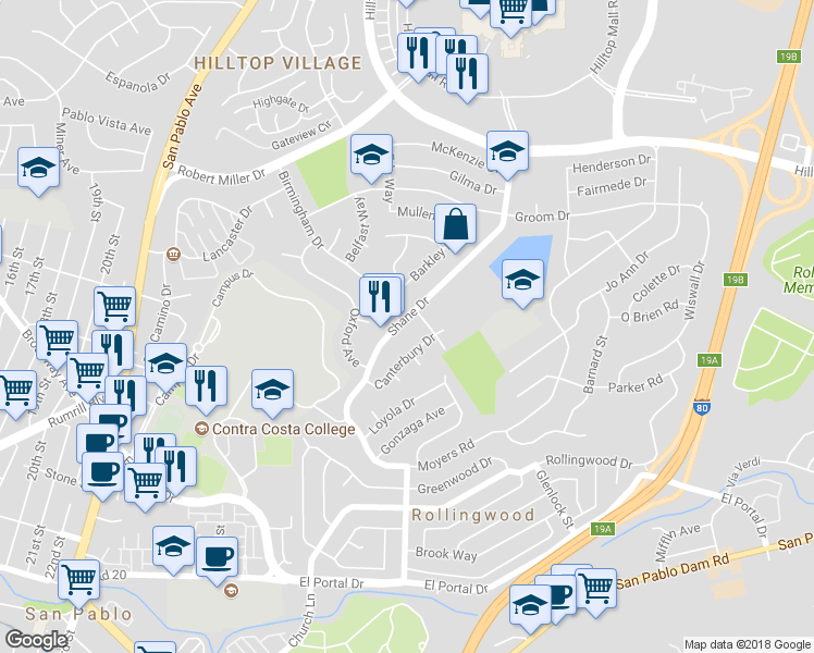 map of restaurants, bars, coffee shops, grocery stores, and more near 2858 Shane Drive in Richmond