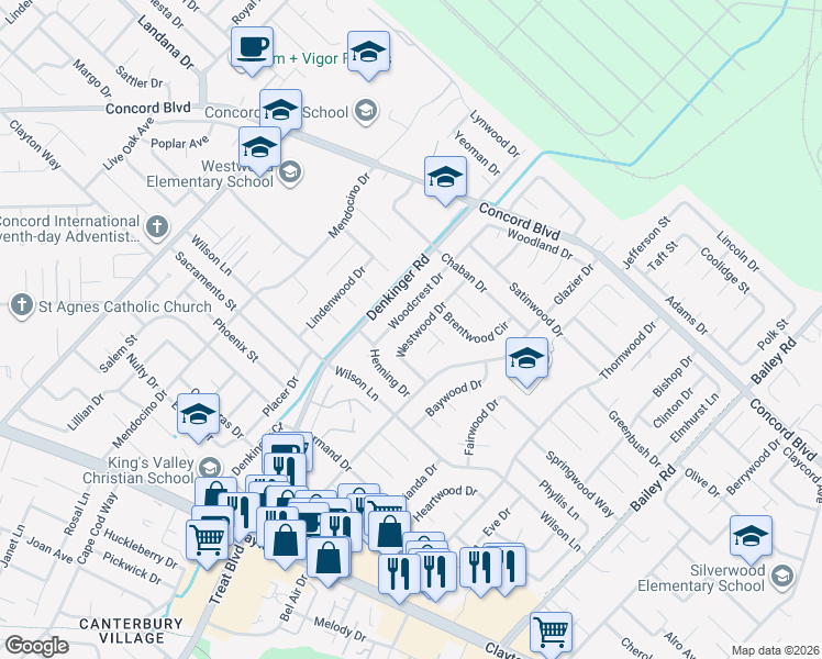 map of restaurants, bars, coffee shops, grocery stores, and more near 1723 Westwood Drive in Concord