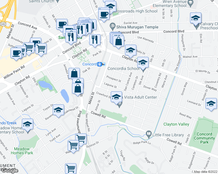 map of restaurants, bars, coffee shops, grocery stores, and more near 1346 San Jose Avenue in Concord