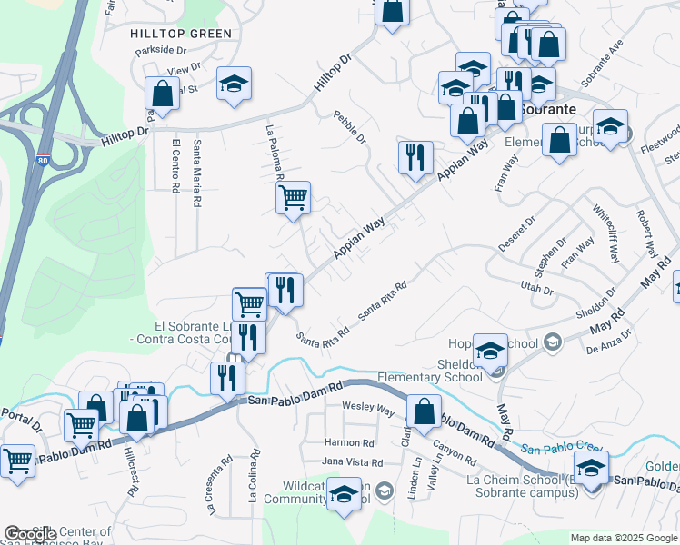 map of restaurants, bars, coffee shops, grocery stores, and more near 4556 Appian Way in El Sobrante