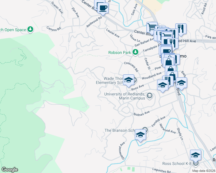 map of restaurants, bars, coffee shops, grocery stores, and more near 274 Oak Avenue in San Anselmo