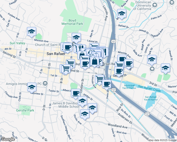 map of restaurants, bars, coffee shops, grocery stores, and more near 34 Ritter Street in San Rafael