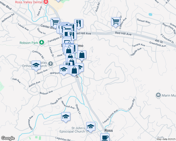 map of restaurants, bars, coffee shops, grocery stores, and more near 160 Prospect Avenue in San Anselmo
