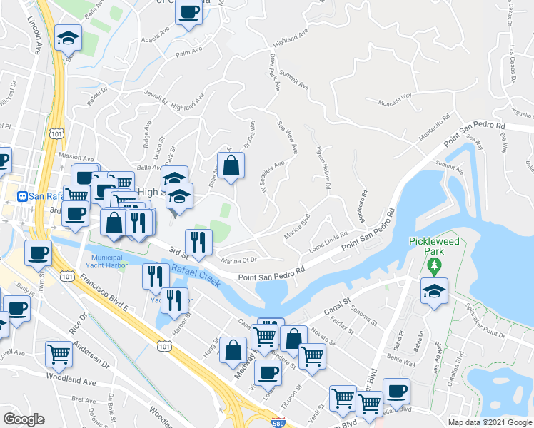 map of restaurants, bars, coffee shops, grocery stores, and more near 11 Crown Point Road in San Rafael