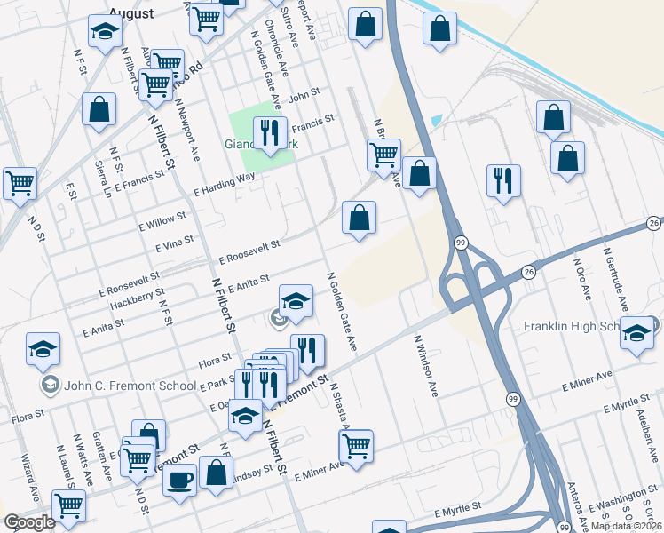 map of restaurants, bars, coffee shops, grocery stores, and more near 948 North Golden Gate Avenue in Stockton