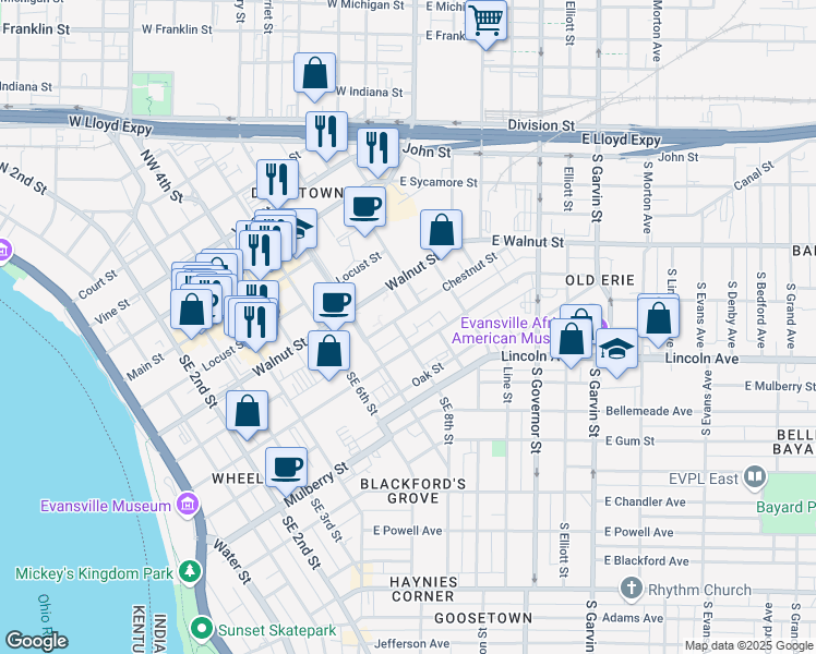 map of restaurants, bars, coffee shops, grocery stores, and more near 310 Southeast 8th Street in Evansville