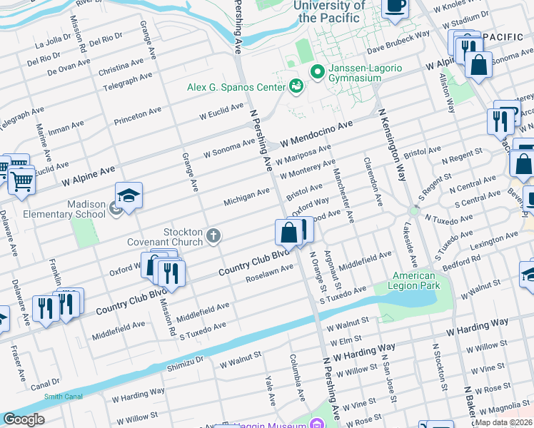 map of restaurants, bars, coffee shops, grocery stores, and more near 1440 Bristol Avenue in Stockton
