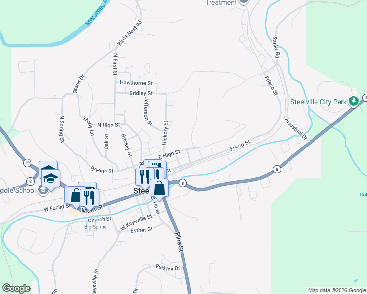 map of restaurants, bars, coffee shops, grocery stores, and more near 405 East High Street in Steelville