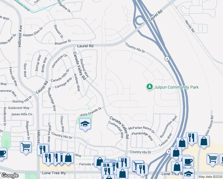 map of restaurants, bars, coffee shops, grocery stores, and more near 5418 Trailhead Court in Antioch