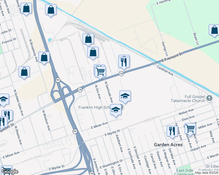map of restaurants, bars, coffee shops, grocery stores, and more near 656 North Gertrude Avenue in Stockton