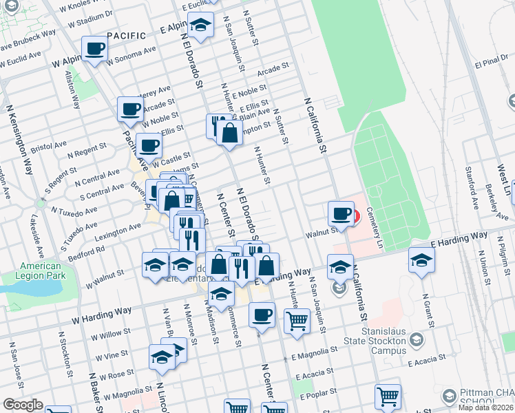 map of restaurants, bars, coffee shops, grocery stores, and more near 125 East Maple Street in Stockton