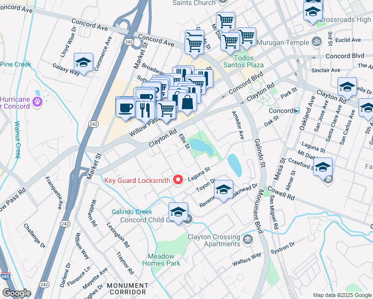 map of restaurants, bars, coffee shops, grocery stores, and more near 1731 Ellis Street in Concord