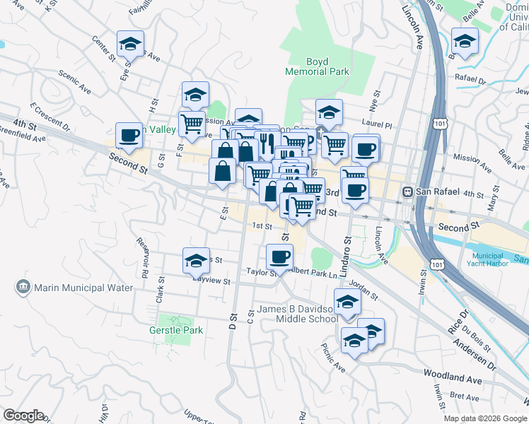 map of restaurants, bars, coffee shops, grocery stores, and more near 712 D Street in San Rafael