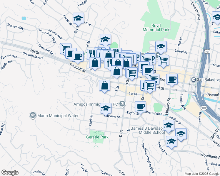 map of restaurants, bars, coffee shops, grocery stores, and more near 16 Welch Street in San Rafael