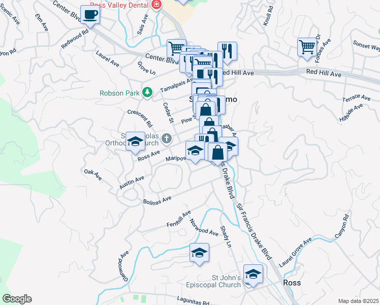 map of restaurants, bars, coffee shops, grocery stores, and more near 46 Mariposa Avenue in San Anselmo
