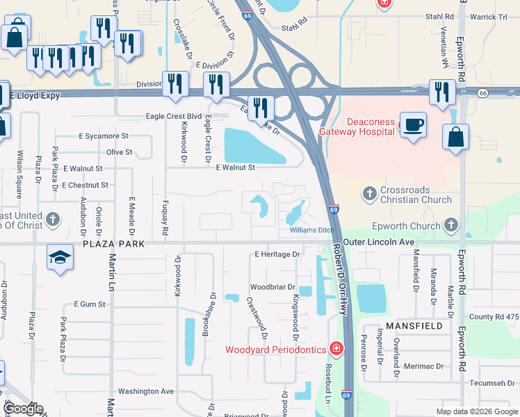 map of restaurants, bars, coffee shops, grocery stores, and more near 426 Winchester Dr in Evansville