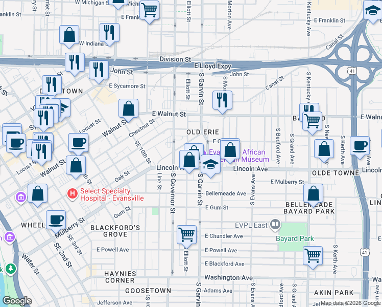 map of restaurants, bars, coffee shops, grocery stores, and more near 401 Jeanette Benton Drive in Evansville