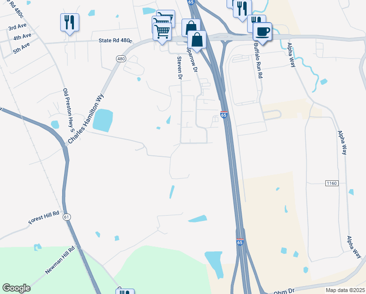 map of restaurants, bars, coffee shops, grocery stores, and more near 111 Johnson Drive in Shepherdsville