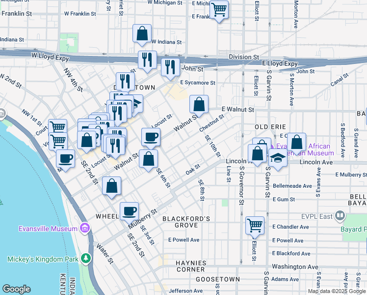map of restaurants, bars, coffee shops, grocery stores, and more near 310 Southeast 8th Street in Evansville