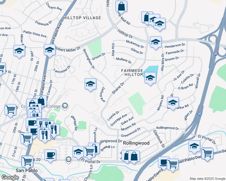 map of restaurants, bars, coffee shops, grocery stores, and more near 2847 Shane Drive in Richmond