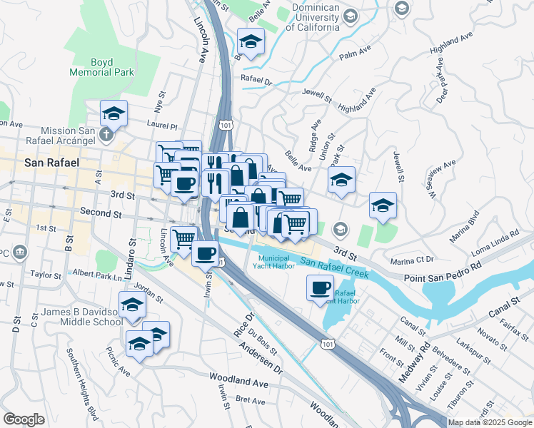 map of restaurants, bars, coffee shops, grocery stores, and more near 440 3rd Street in San Rafael