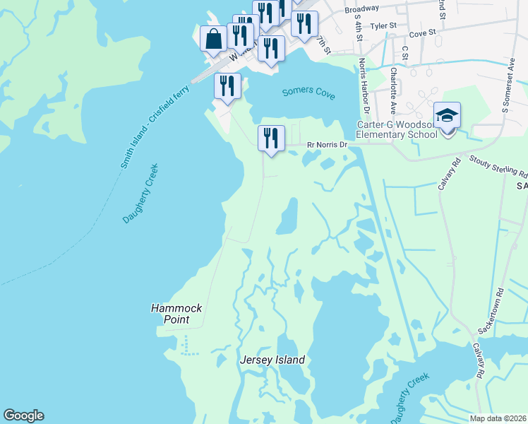 map of restaurants, bars, coffee shops, grocery stores, and more near 19 Hammock Pointe in Crisfield