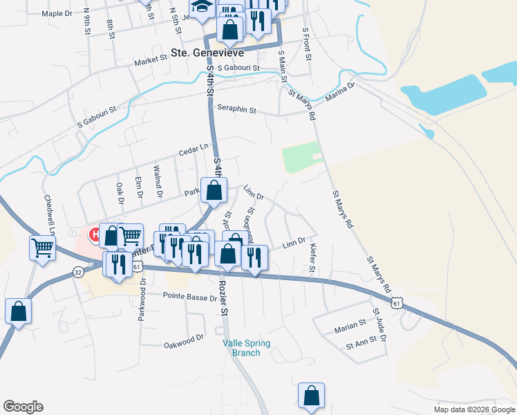 map of restaurants, bars, coffee shops, grocery stores, and more near 507 Audubon Street in Ste. Genevieve