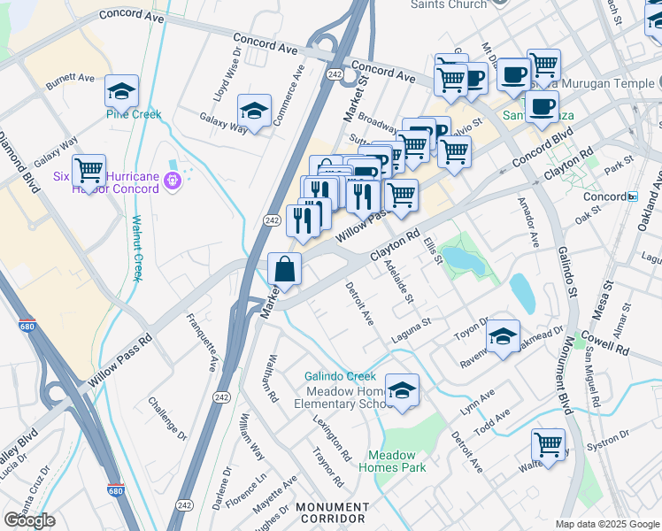 map of restaurants, bars, coffee shops, grocery stores, and more near 1855 Gateway Boulevard in Concord