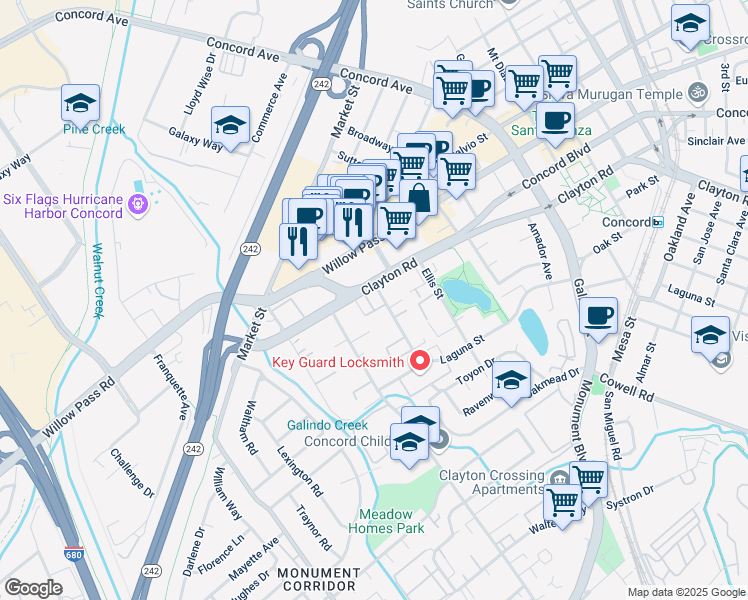 map of restaurants, bars, coffee shops, grocery stores, and more near 1688 Clayton Road in Concord