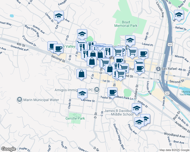 map of restaurants, bars, coffee shops, grocery stores, and more near 700 E Street in San Rafael