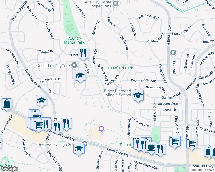 map of restaurants, bars, coffee shops, grocery stores, and more near 4408 Deerfield Drive in Antioch