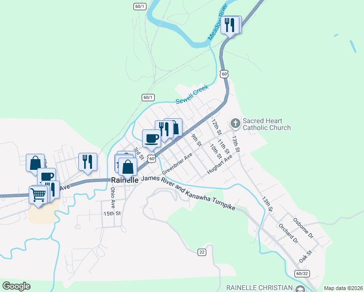 map of restaurants, bars, coffee shops, grocery stores, and more near 345 7th Street in Rainelle