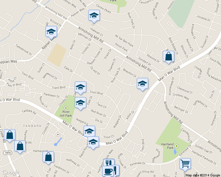 map of restaurants, bars, coffee shops, grocery stores, and more near 2 River Park Drive in Lexington