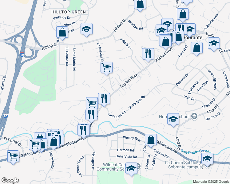 map of restaurants, bars, coffee shops, grocery stores, and more near Appian Way & La Paloma Road in El Sobrante