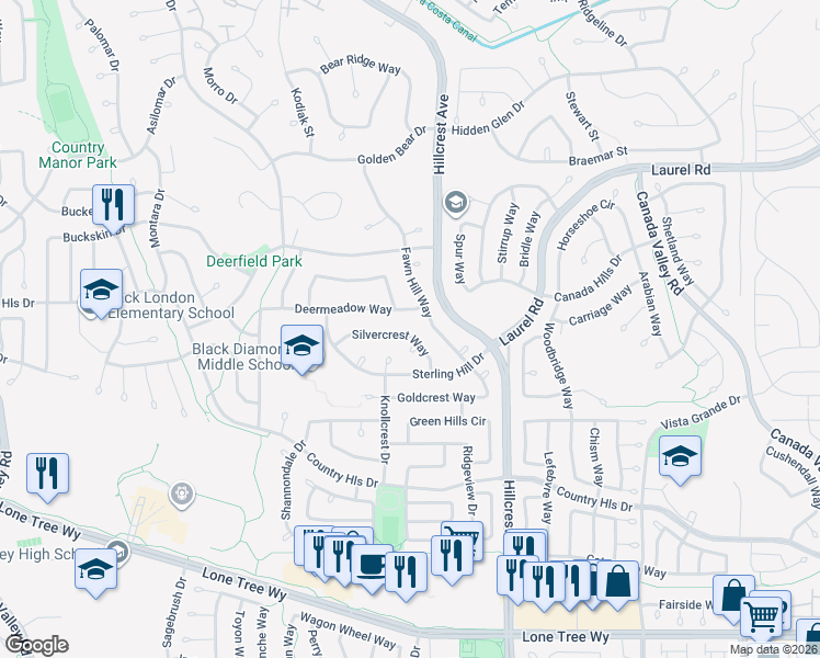 map of restaurants, bars, coffee shops, grocery stores, and more near 4612 Silvercrest Way in Antioch
