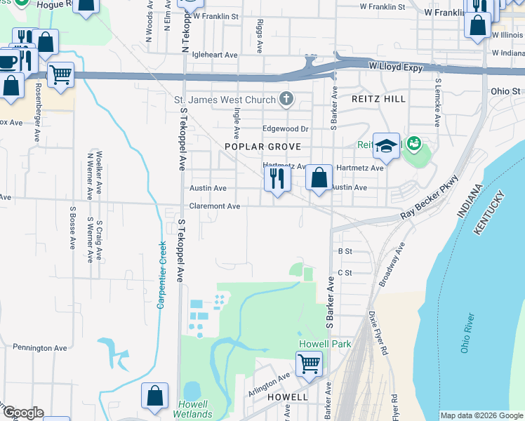 map of restaurants, bars, coffee shops, grocery stores, and more near 500 Schrader Drive in Evansville