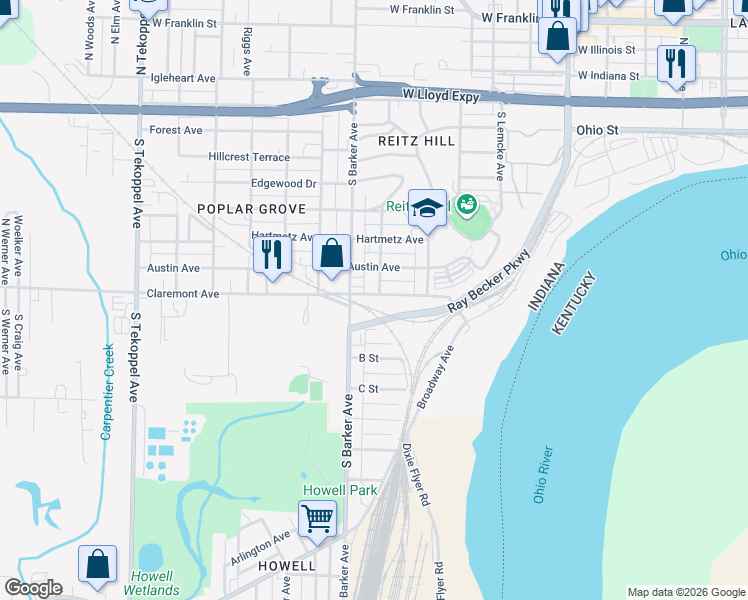 map of restaurants, bars, coffee shops, grocery stores, and more near 2800 Claremont Avenue in Evansville