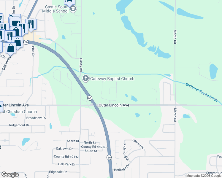 map of restaurants, bars, coffee shops, grocery stores, and more near 7040 Outer Lincoln Avenue in Newburgh