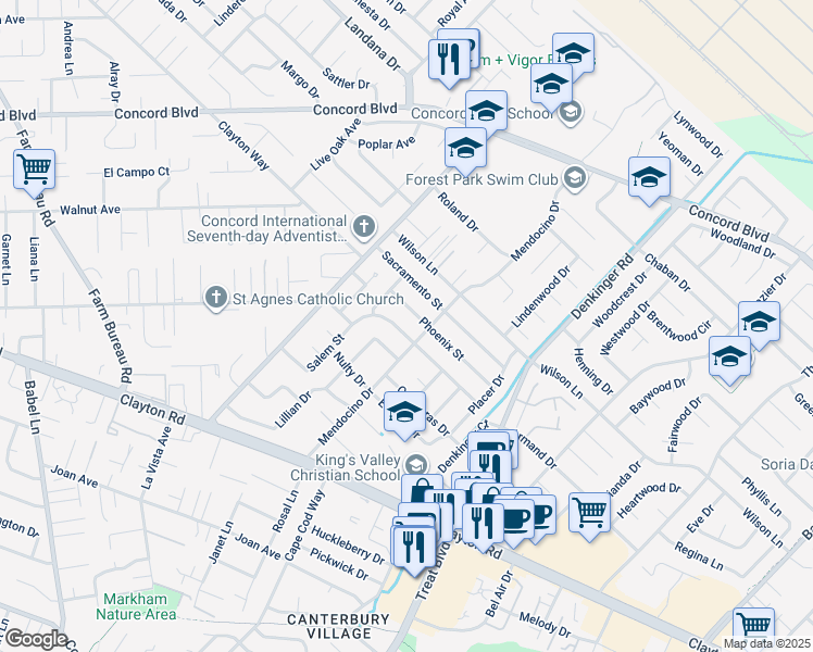 map of restaurants, bars, coffee shops, grocery stores, and more near 4081 Salem Street in Concord