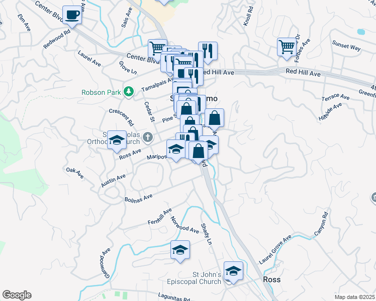 map of restaurants, bars, coffee shops, grocery stores, and more near 121 San Anselmo Avenue in San Anselmo