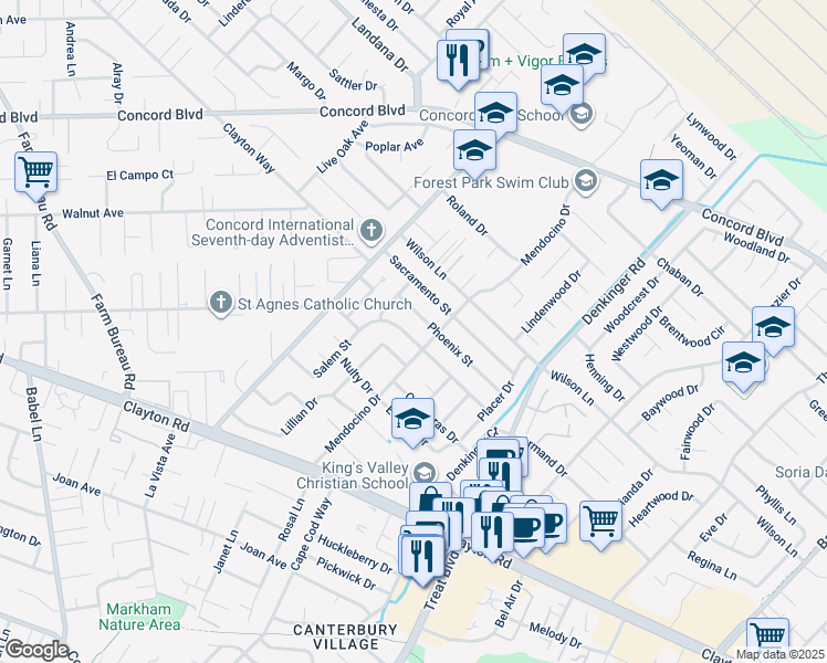 map of restaurants, bars, coffee shops, grocery stores, and more near 4081 Salem Street in Concord