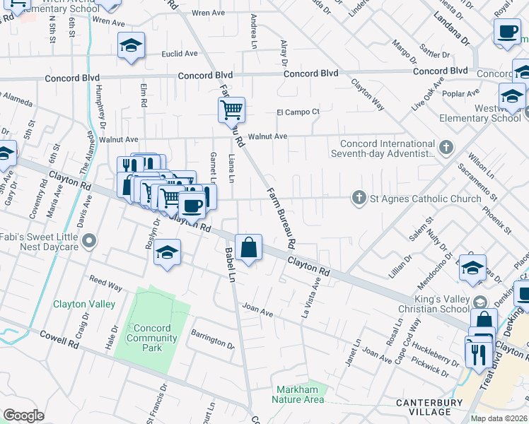 map of restaurants, bars, coffee shops, grocery stores, and more near 3758 Chestnut Avenue in Concord