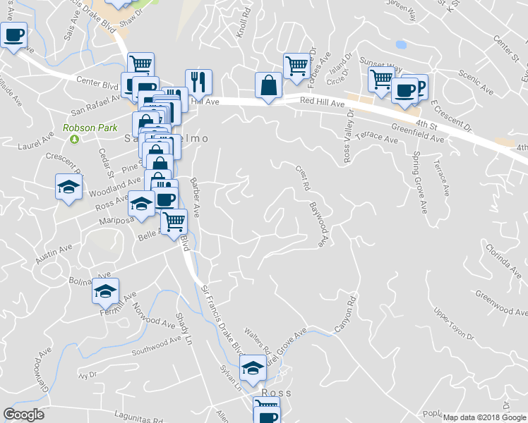 map of restaurants, bars, coffee shops, grocery stores, and more near 31 Baywood Avenue in San Anselmo